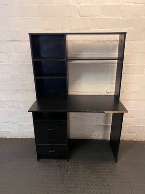 Black Office Desk with Integrated Hutch and Drawers — Damaged Desk Unit – main front view