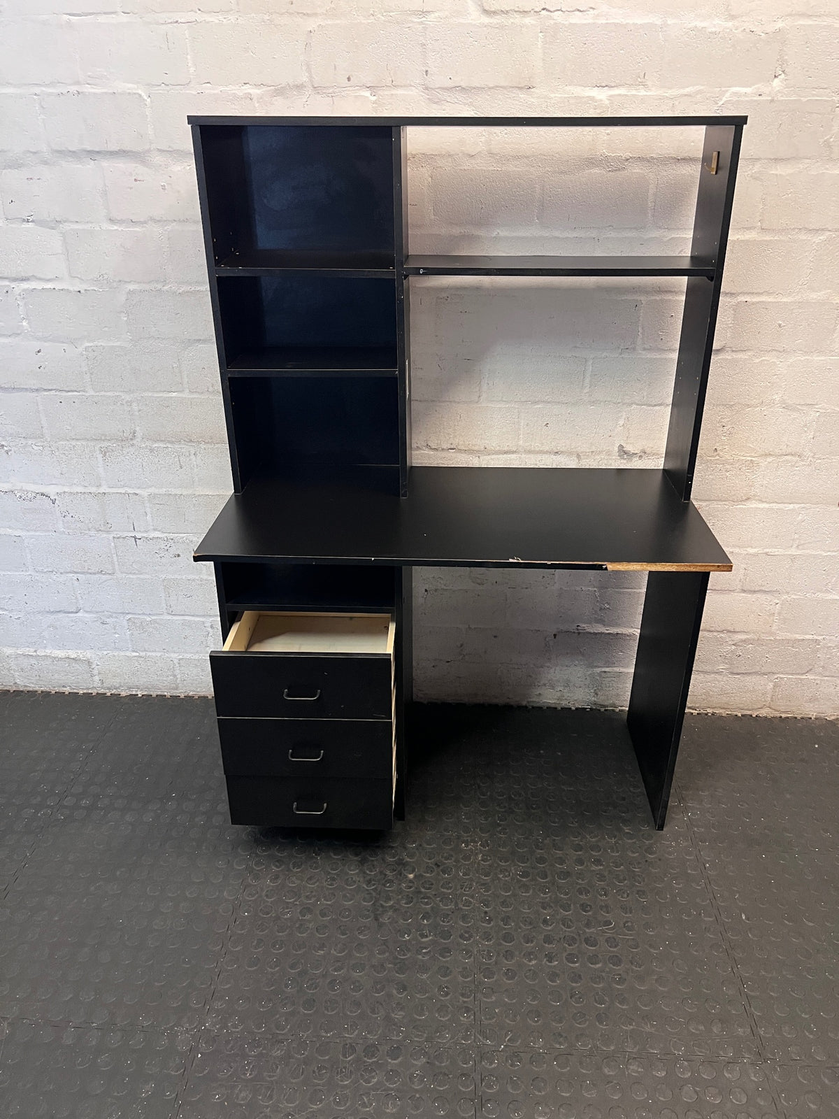 Black Office Desk with Integrated Hutch and Drawers — Damaged Desk Unit – side view