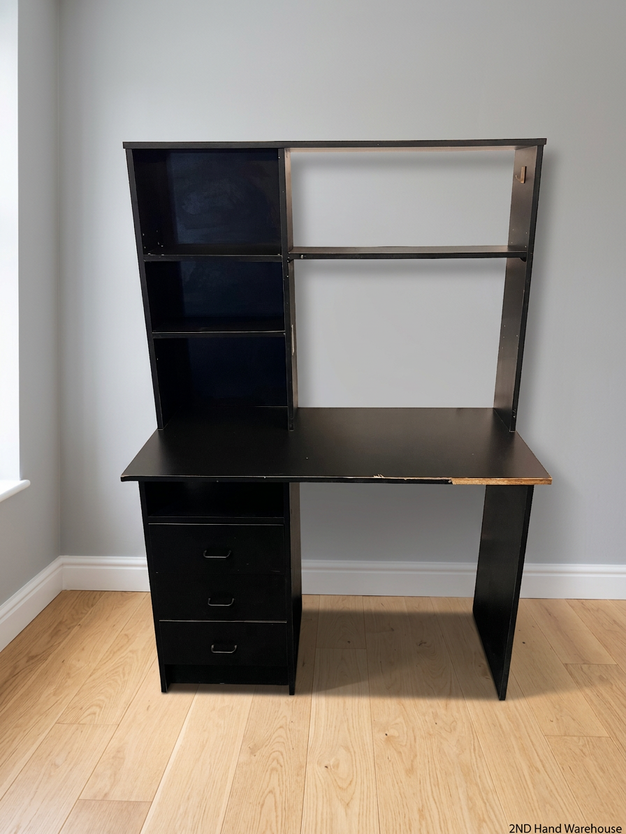 Black Office Desk with Integrated Hutch and Drawers — Damaged Desk Unit – styled product image