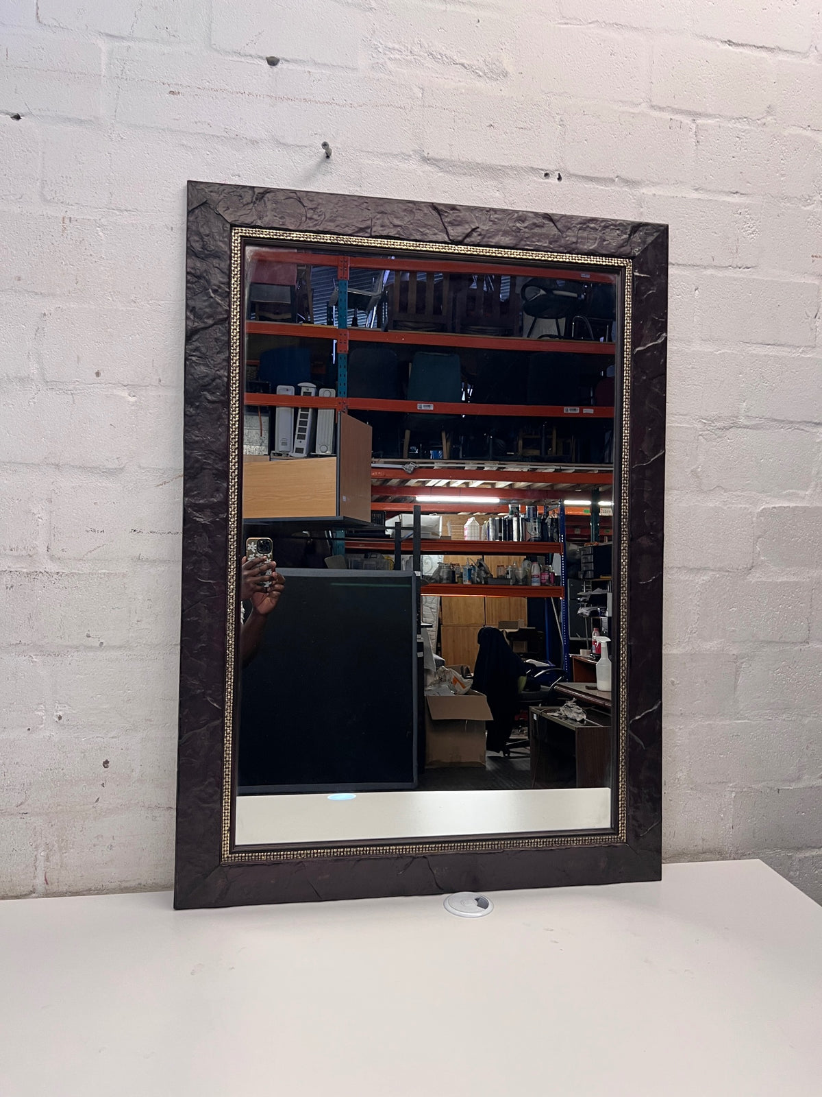 Large Dark Brown Textured Wall Mirror with Gold Trim – condition detail