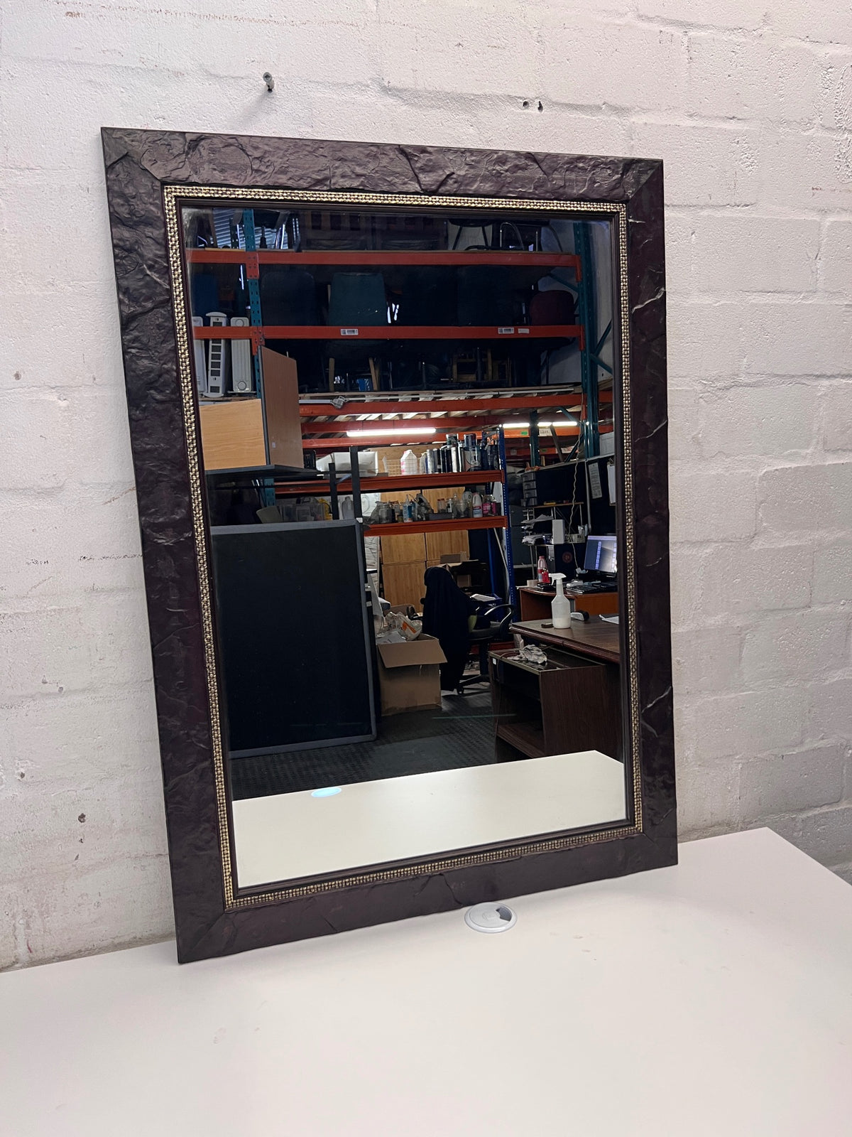 Large Dark Brown Textured Wall Mirror with Gold Trim – main front view