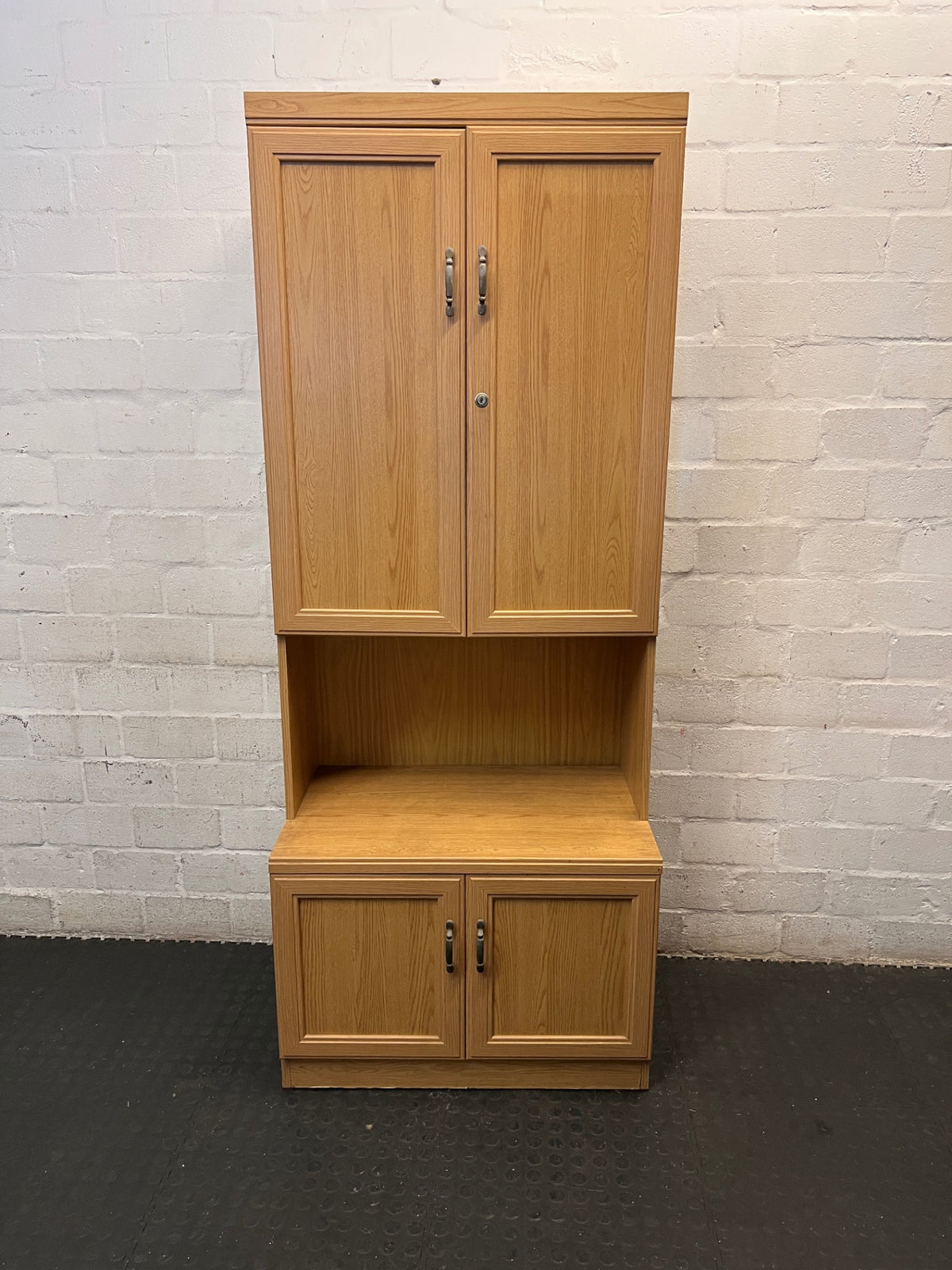 Light Wood Finish Tall Lounge Cabinet with Shelving – main front view