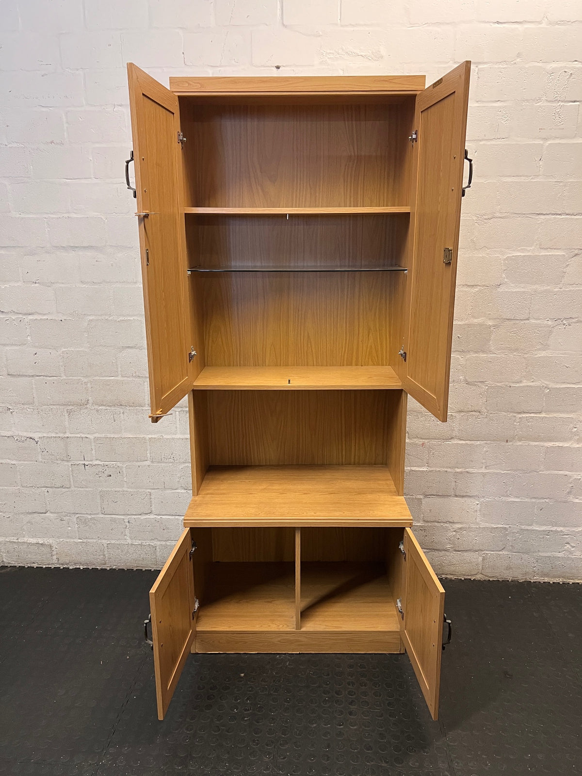 Light Wood Finish Tall Lounge Cabinet with Shelving – side view