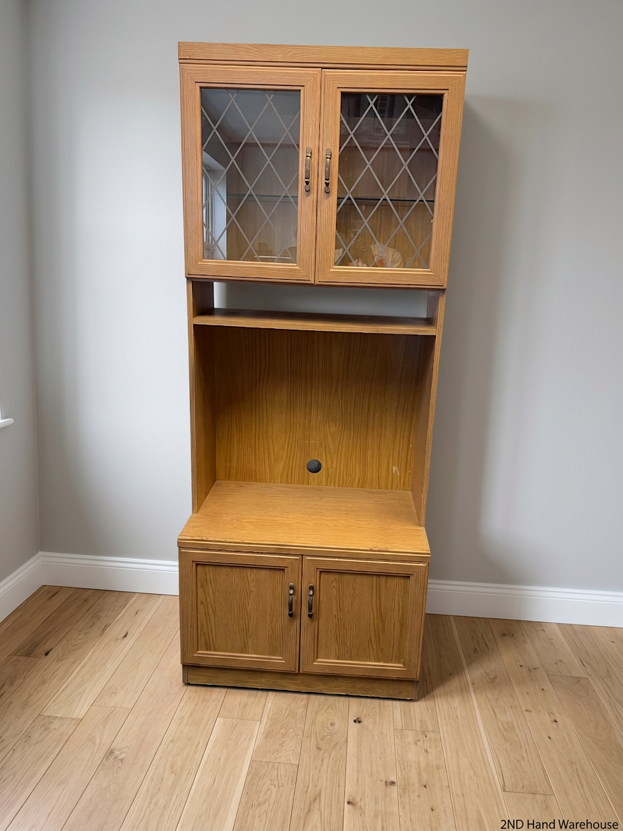 Oak Finish Display Cabinet with Diamond Glass Doors – styled product image