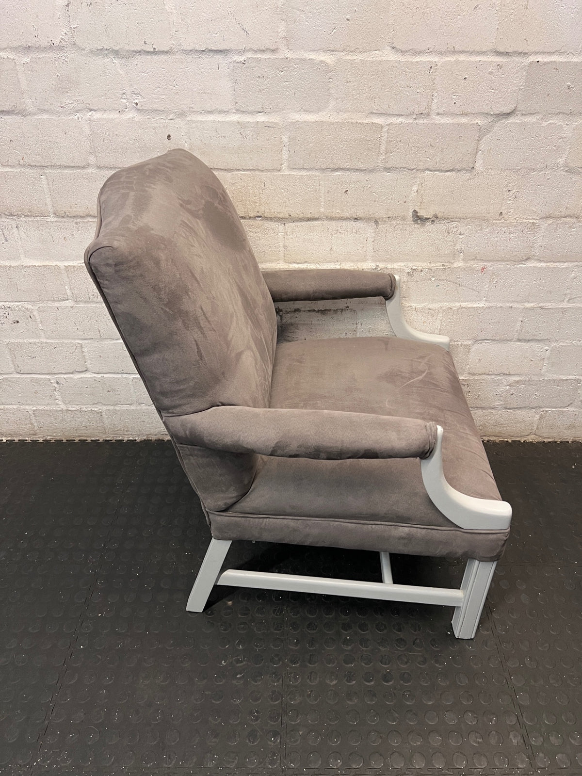 Classic Upholstered Armchair in Brown Suede-Style Fabric – back view