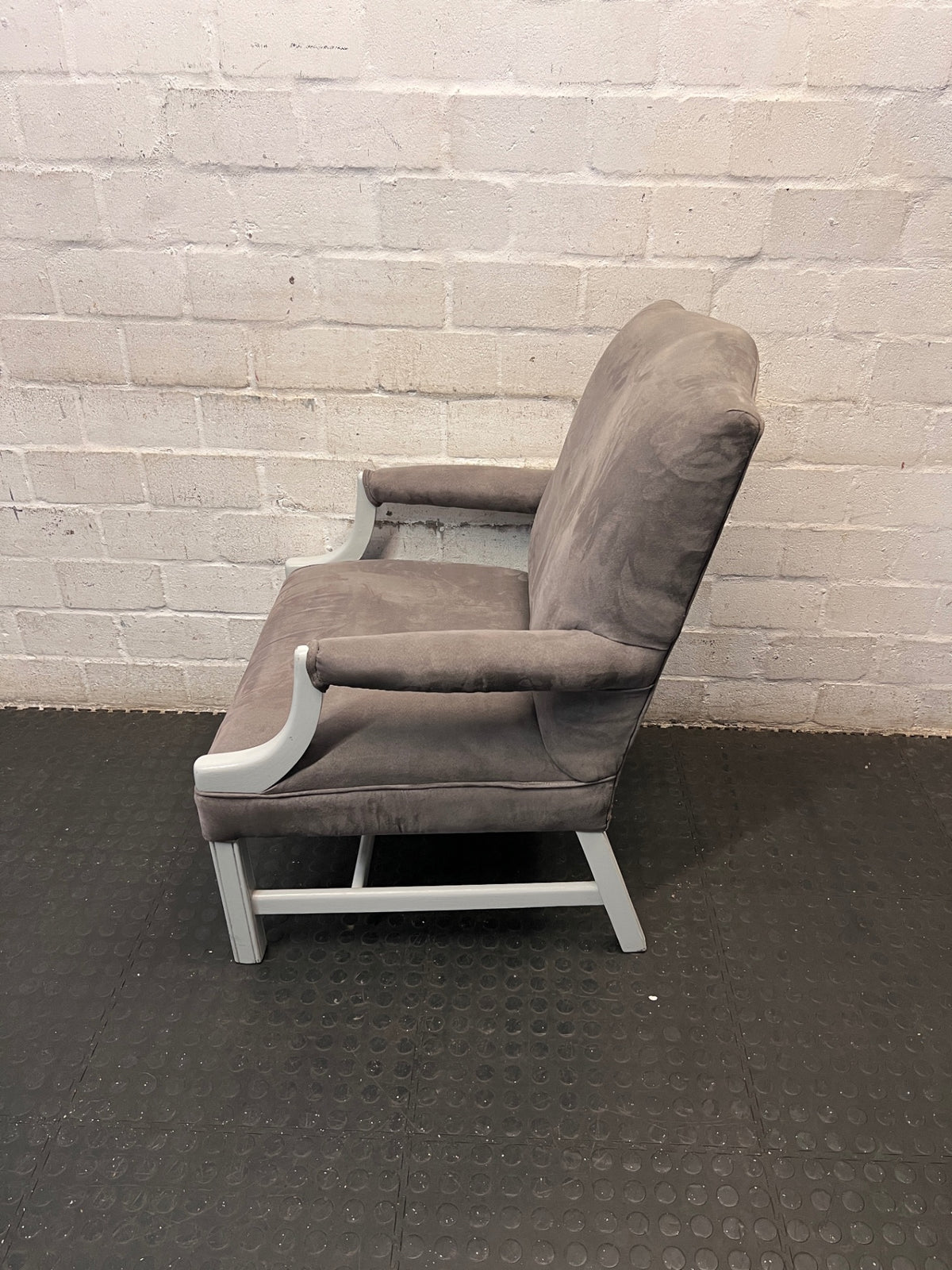 Classic Upholstered Armchair in Brown Suede-Style Fabric – side view