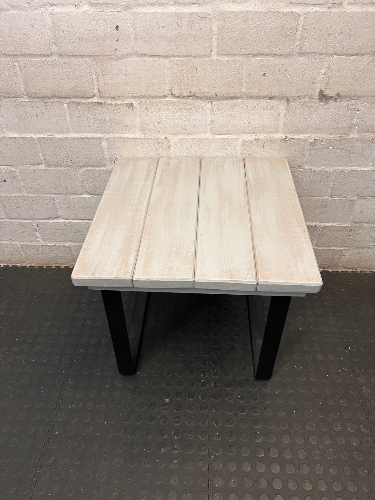 Whitewashed Slatted Side Table with Industrial Metal Base – back view