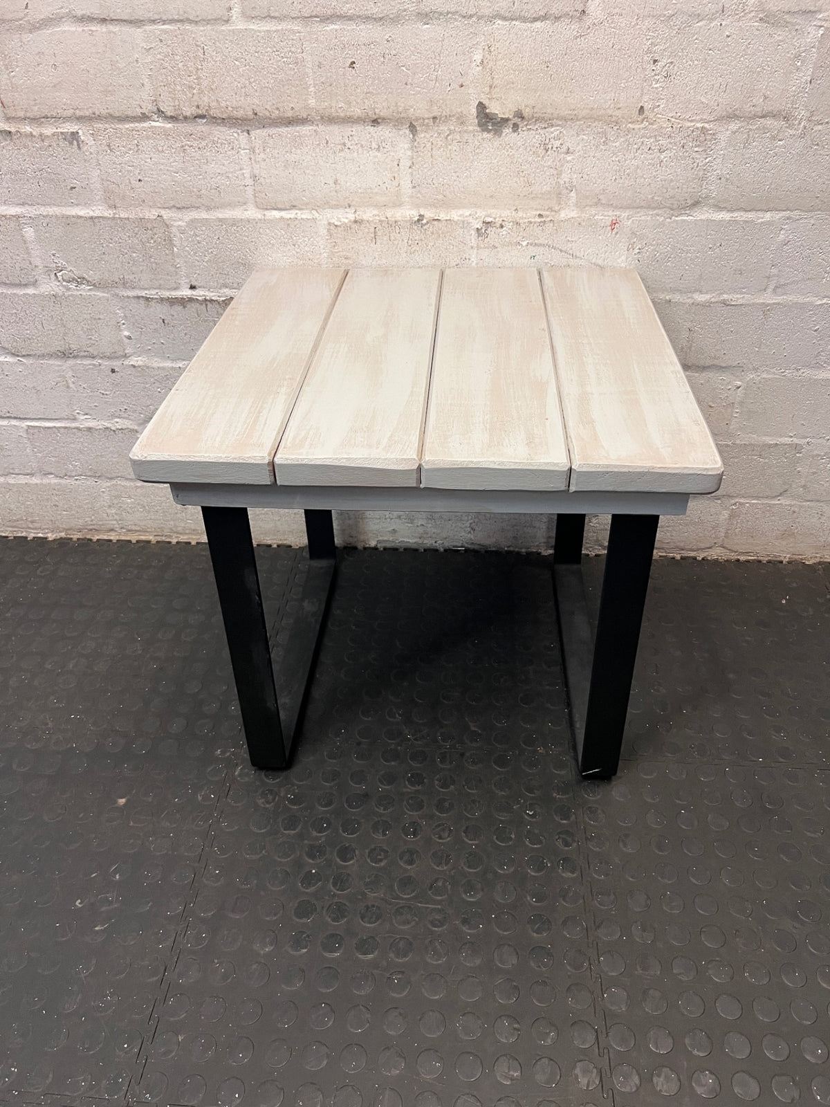 Whitewashed Slatted Side Table with Industrial Metal Base – main front view