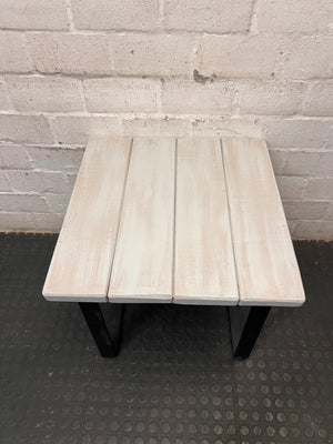 Whitewashed Slatted Side Table with Industrial Metal Base – side view
