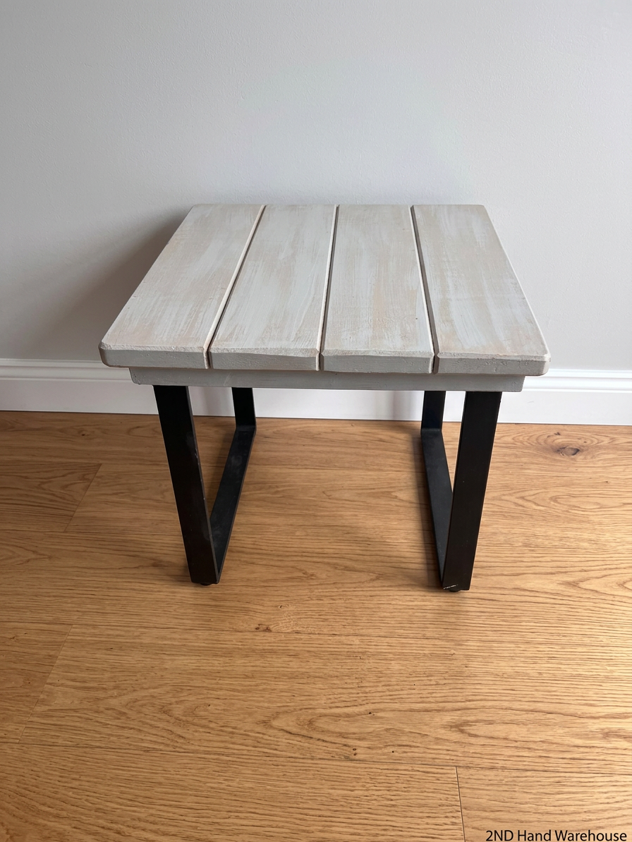 Whitewashed Slatted Side Table with Industrial Metal Base – styled product image