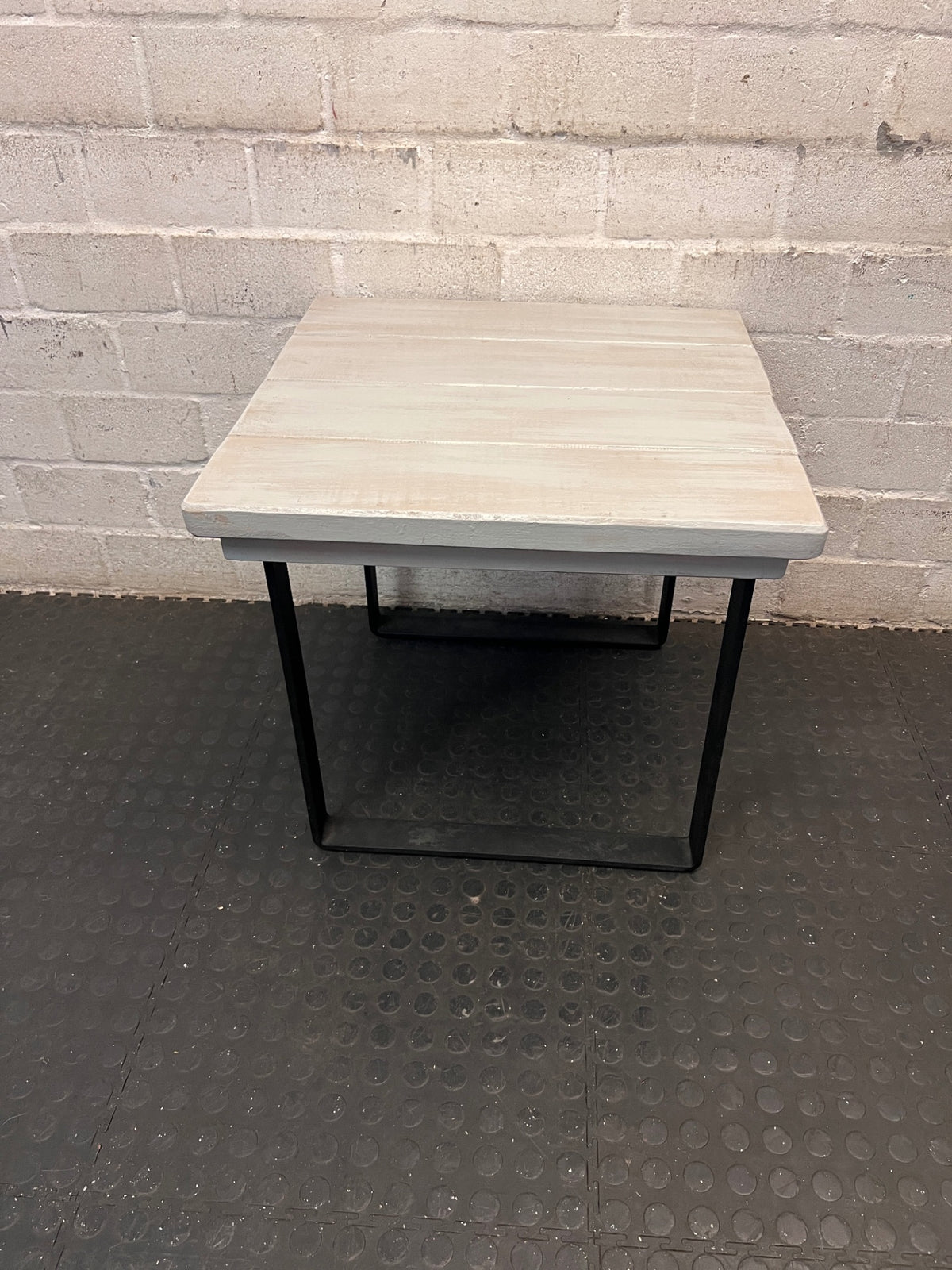 Whitewashed Slatted Side Table with Industrial Metal Base – top view
