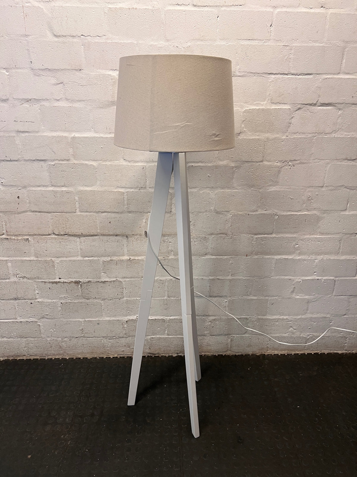 White Tripod Floor Lamp with Fabric Drum Shade – side view