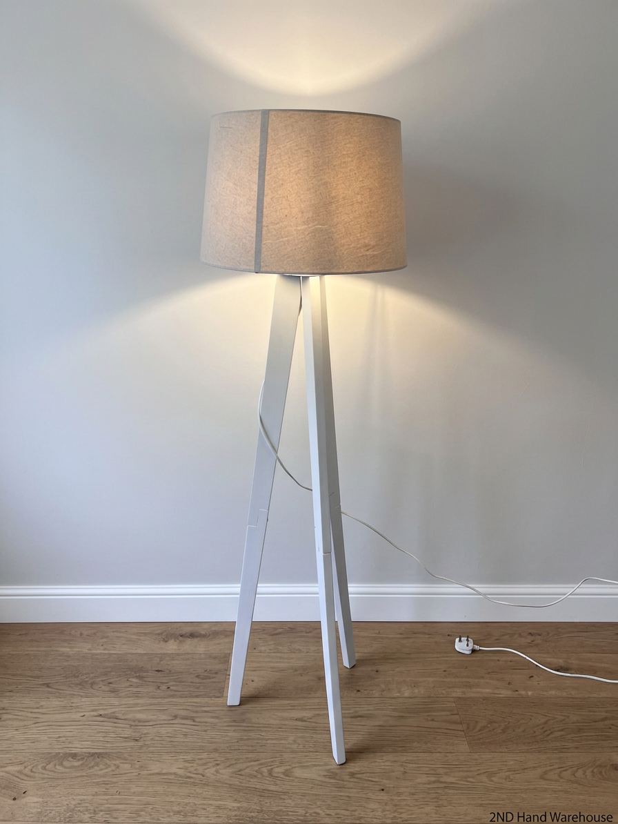 White Tripod Floor Lamp with Fabric Drum Shade – styled product image