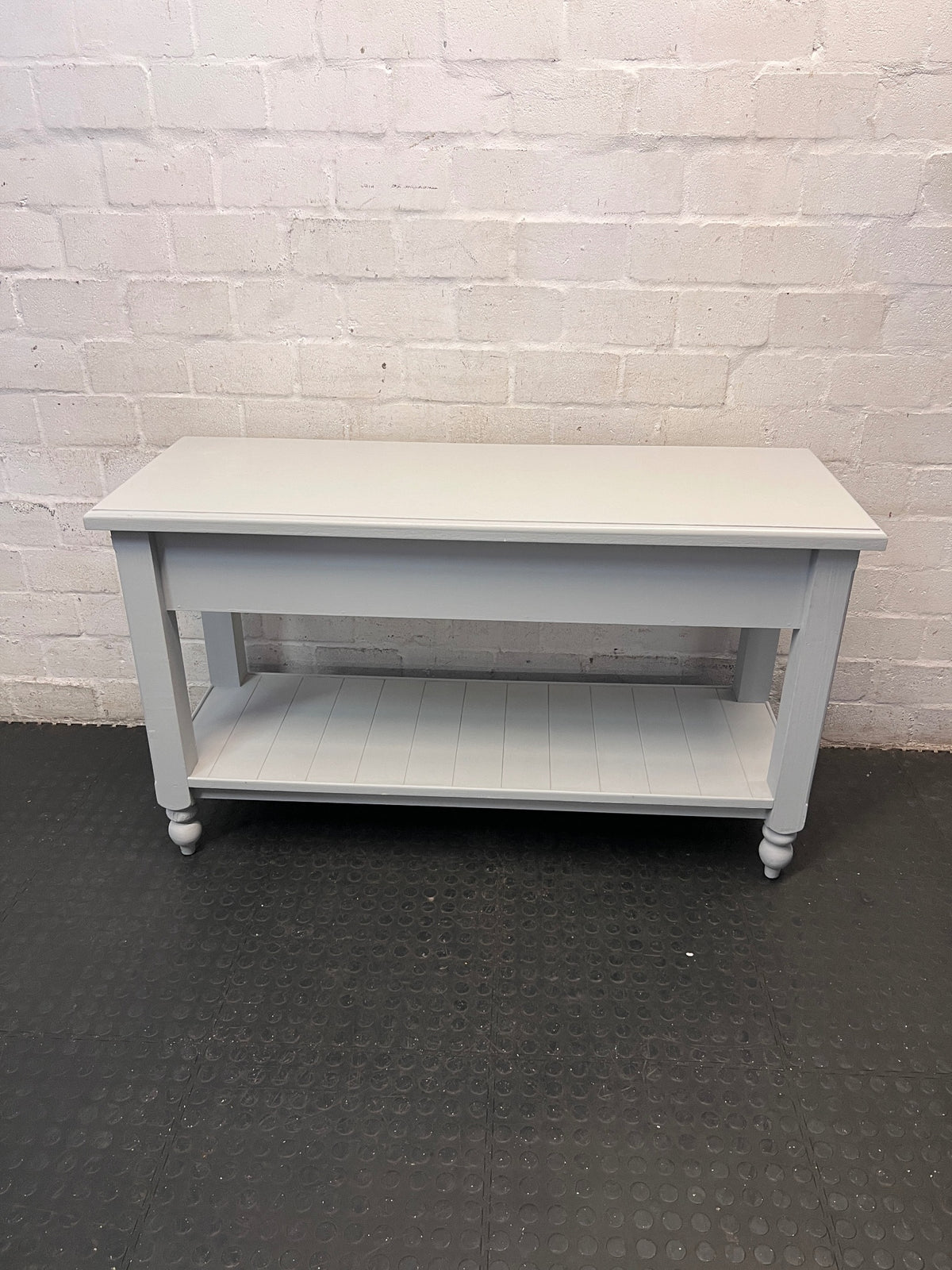 Grey Painted Two-Drawer Console Table with Slatted Shelf – back view