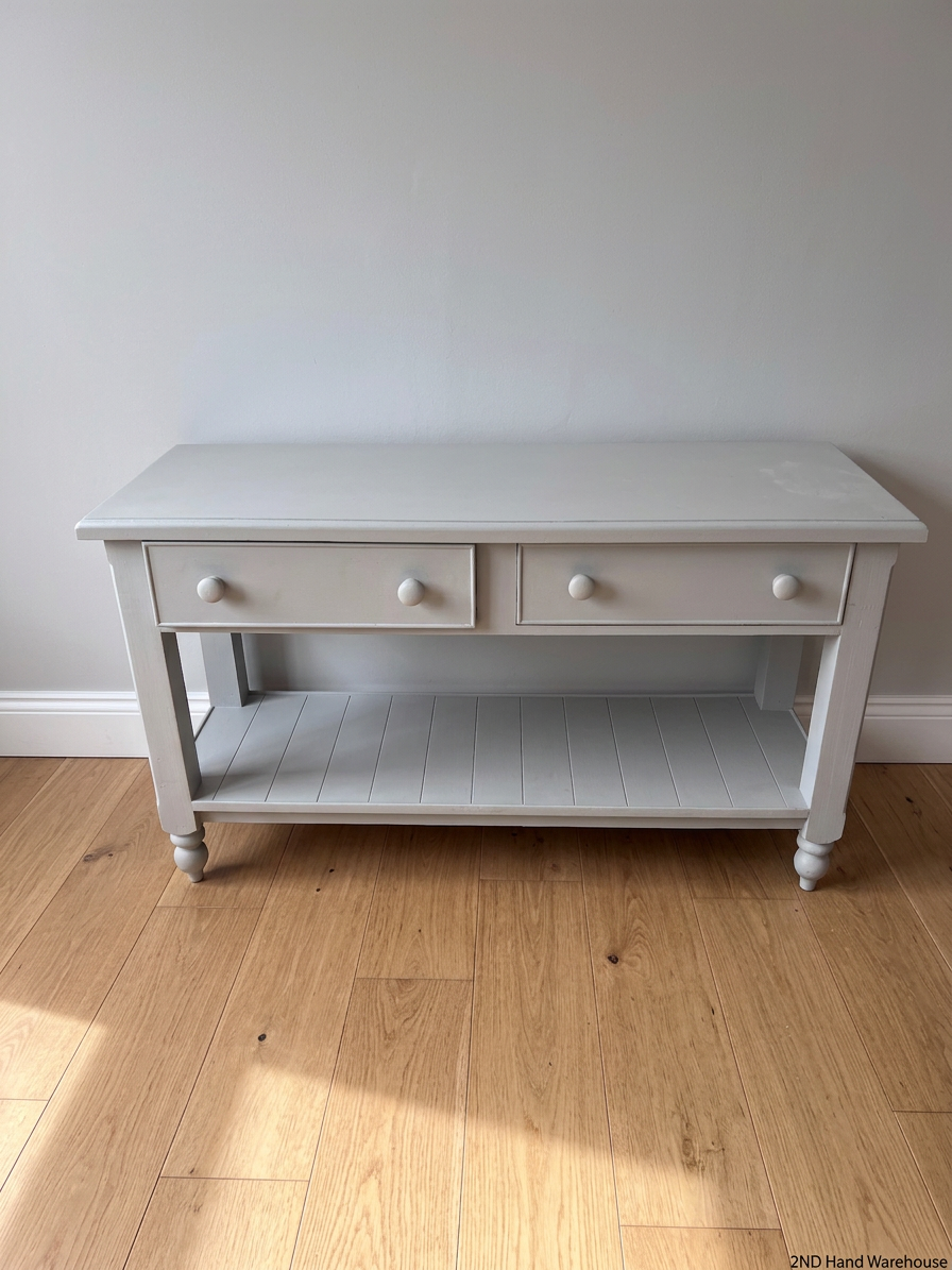 Grey Painted Two-Drawer Console Table with Slatted Shelf – styled product image