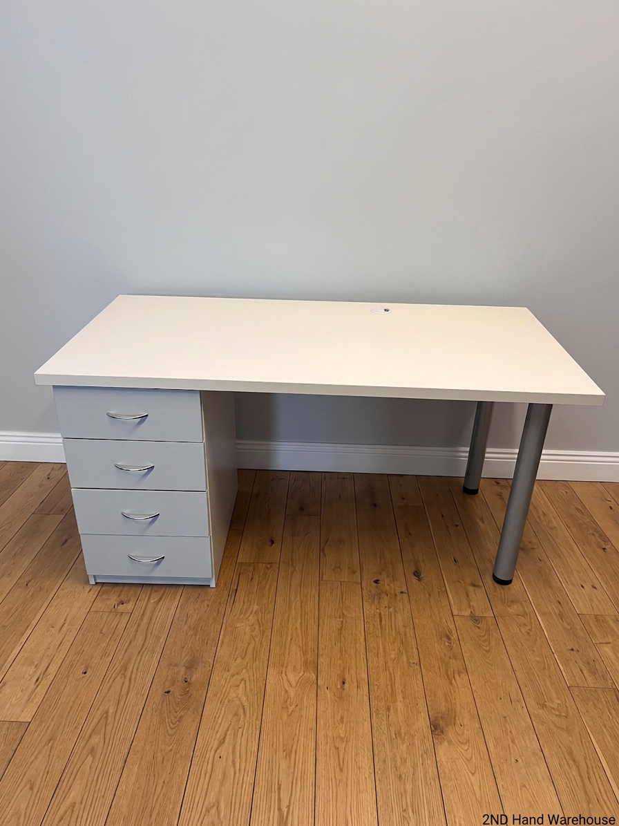White Office Desk with 4-Drawer Pedestal – styled product image