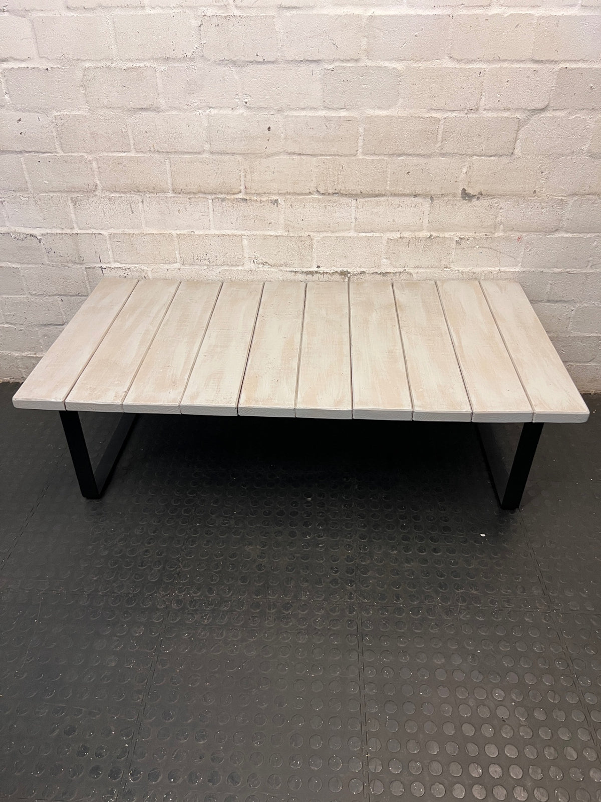 White Wash Slatted Wood Coffee Table with Metal Legs – back view