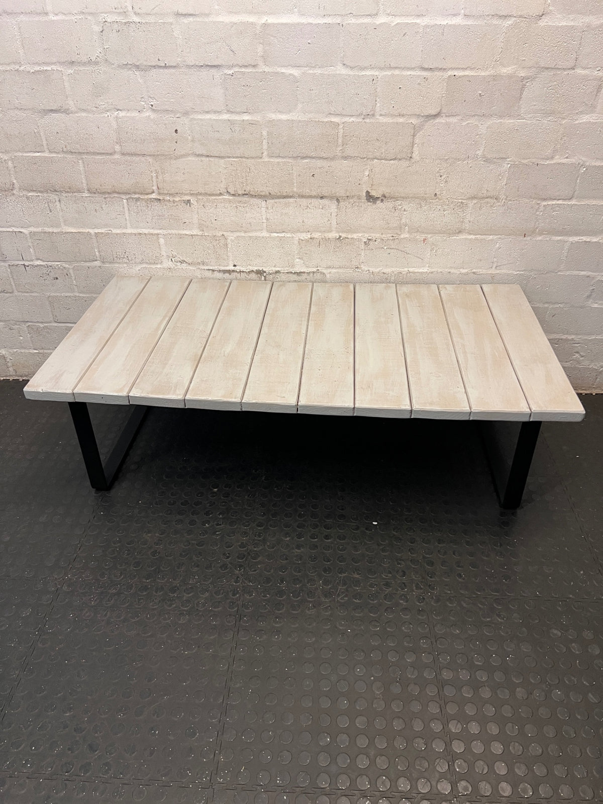 White Wash Slatted Wood Coffee Table with Metal Legs – main front view