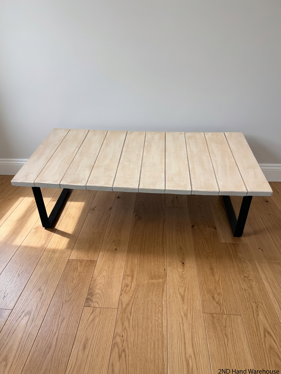 White Wash Slatted Wood Coffee Table with Metal Legs – styled product image