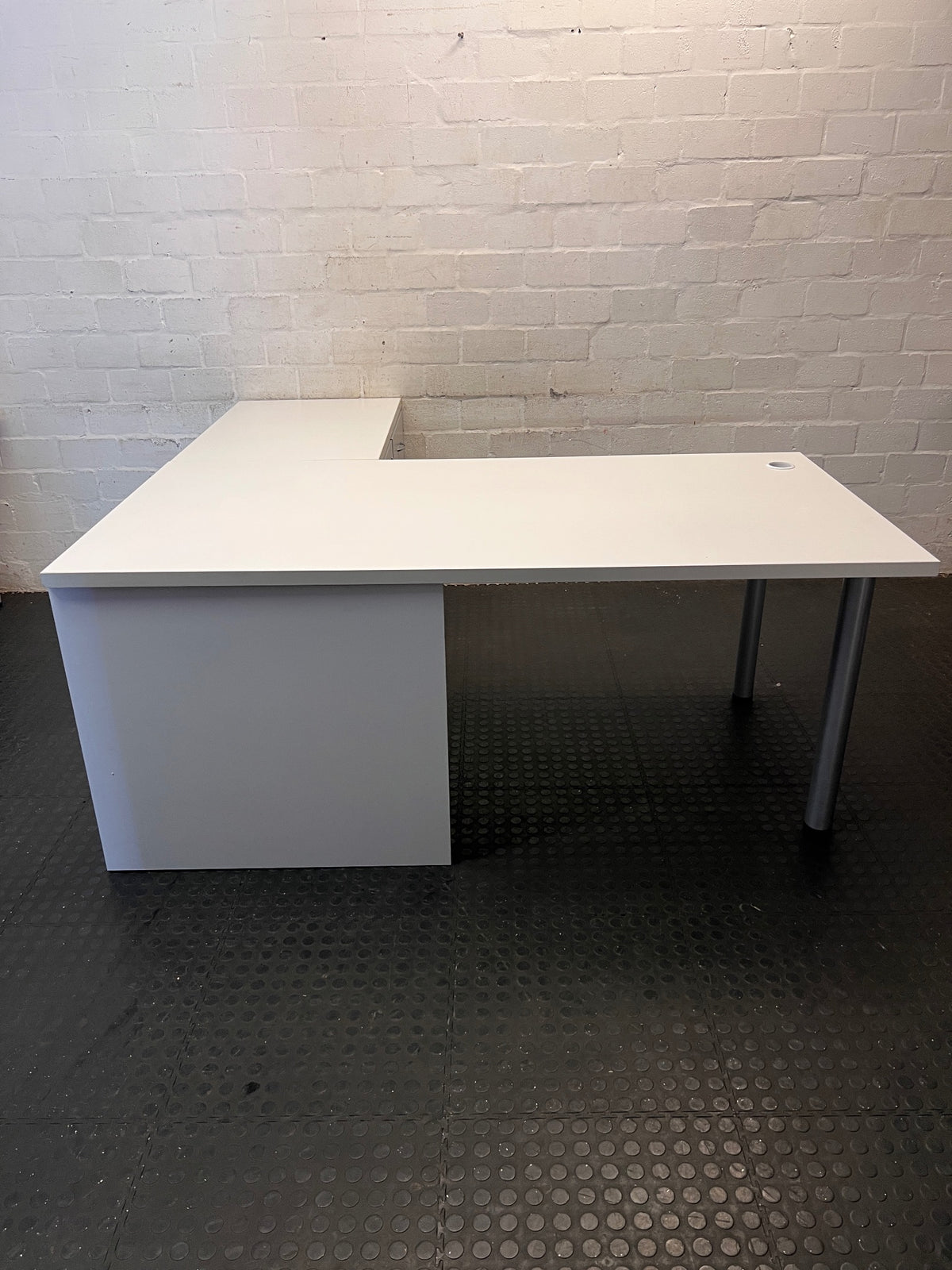 White L-Shaped Office Desk with Pedestal Drawers – back view