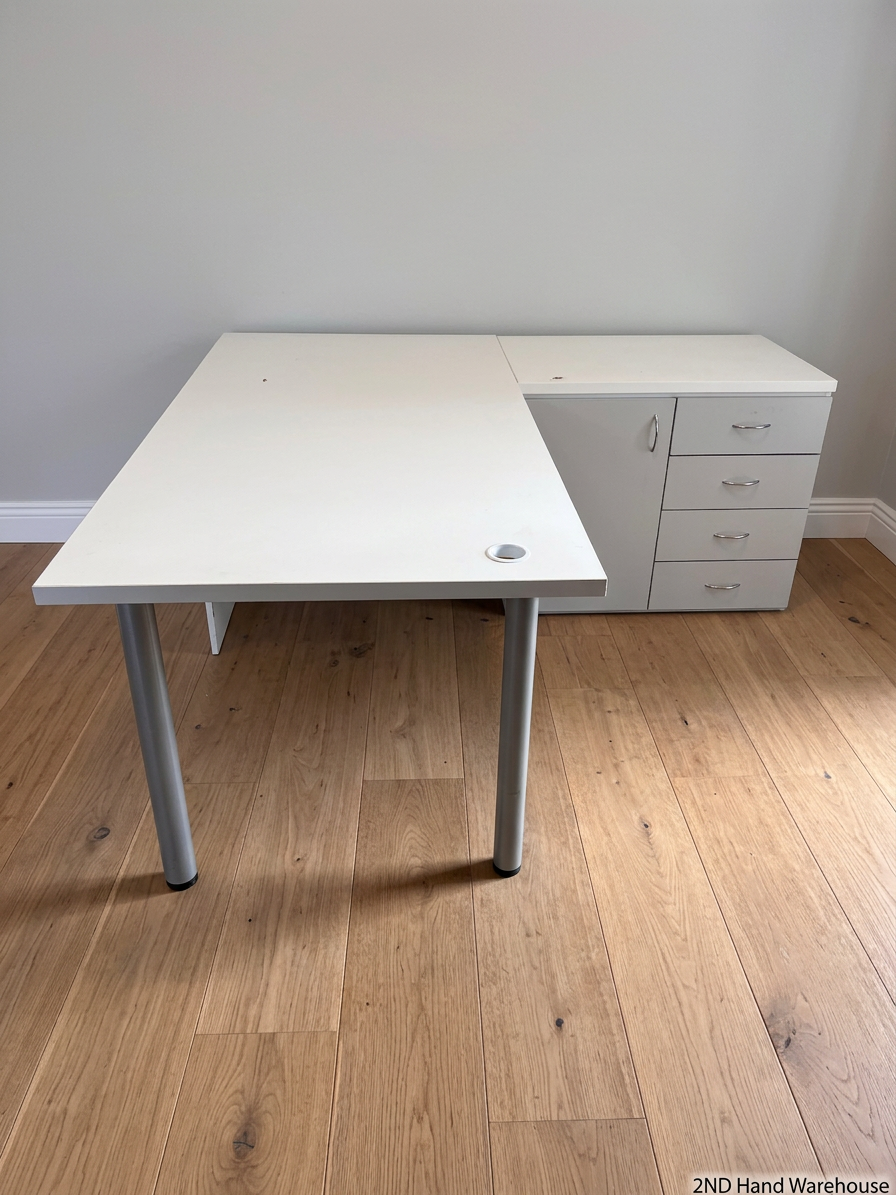 White L-Shaped Office Desk with Pedestal Drawers – styled product image