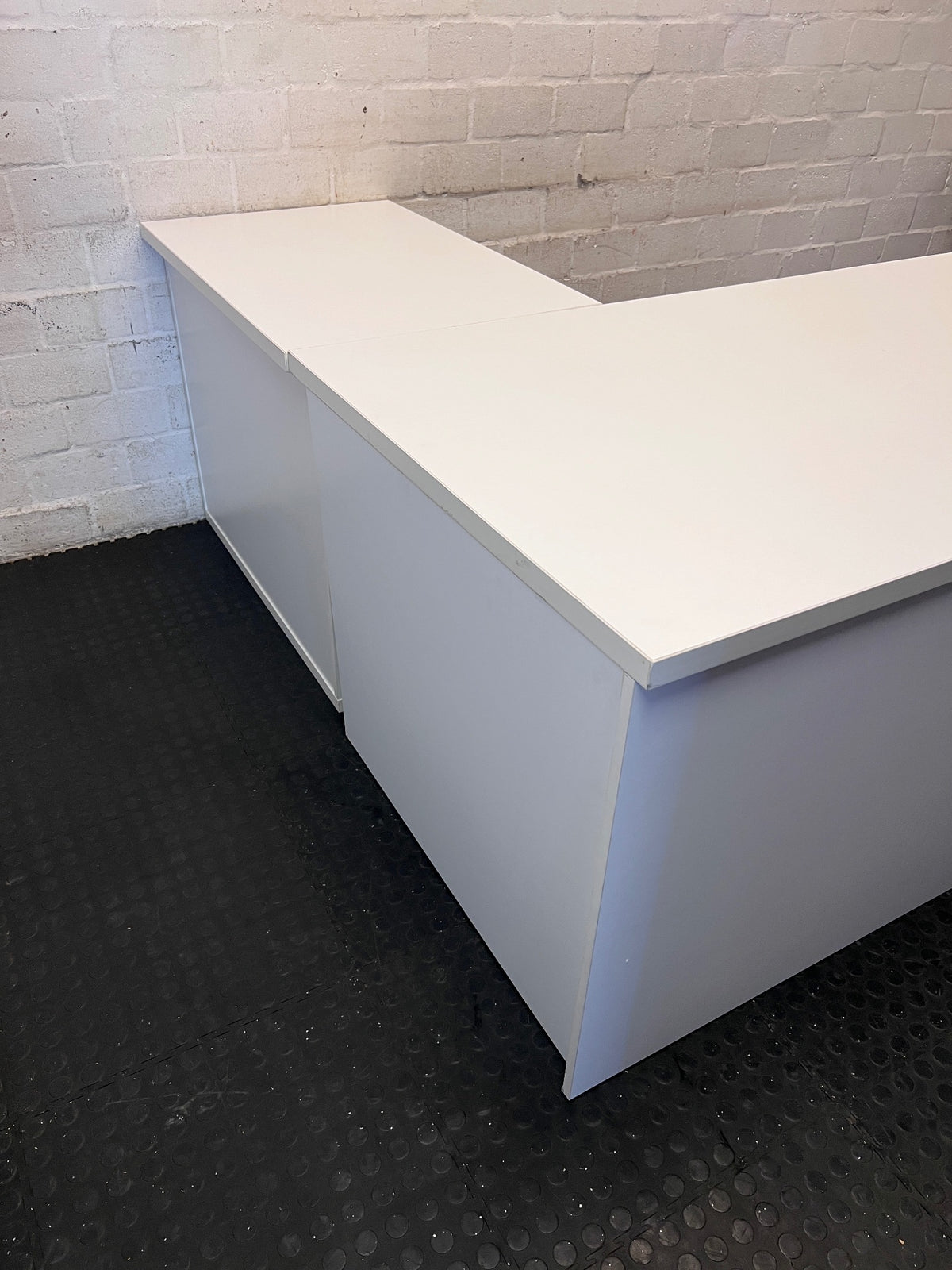White L-Shaped Office Desk with Pedestal Drawers – top view