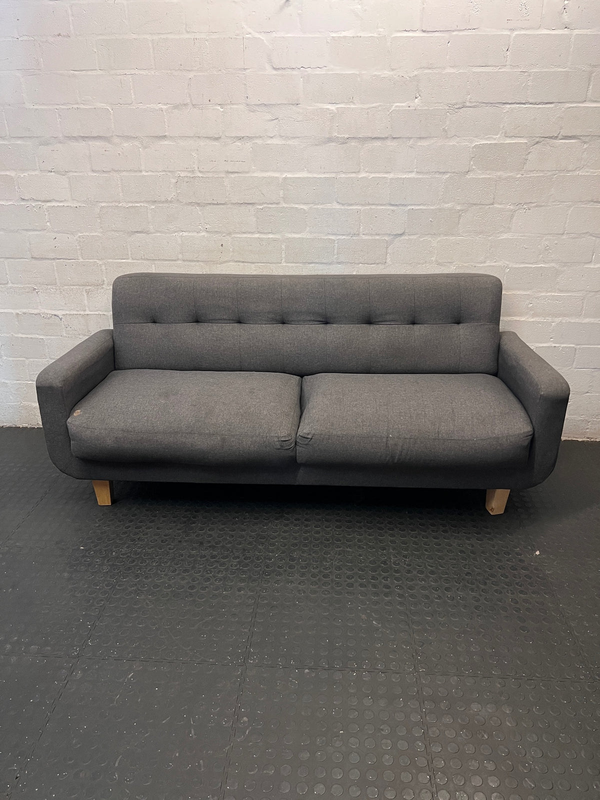 Grey Fabric 2 Seater Couch with Button Tufted Backrest – back view