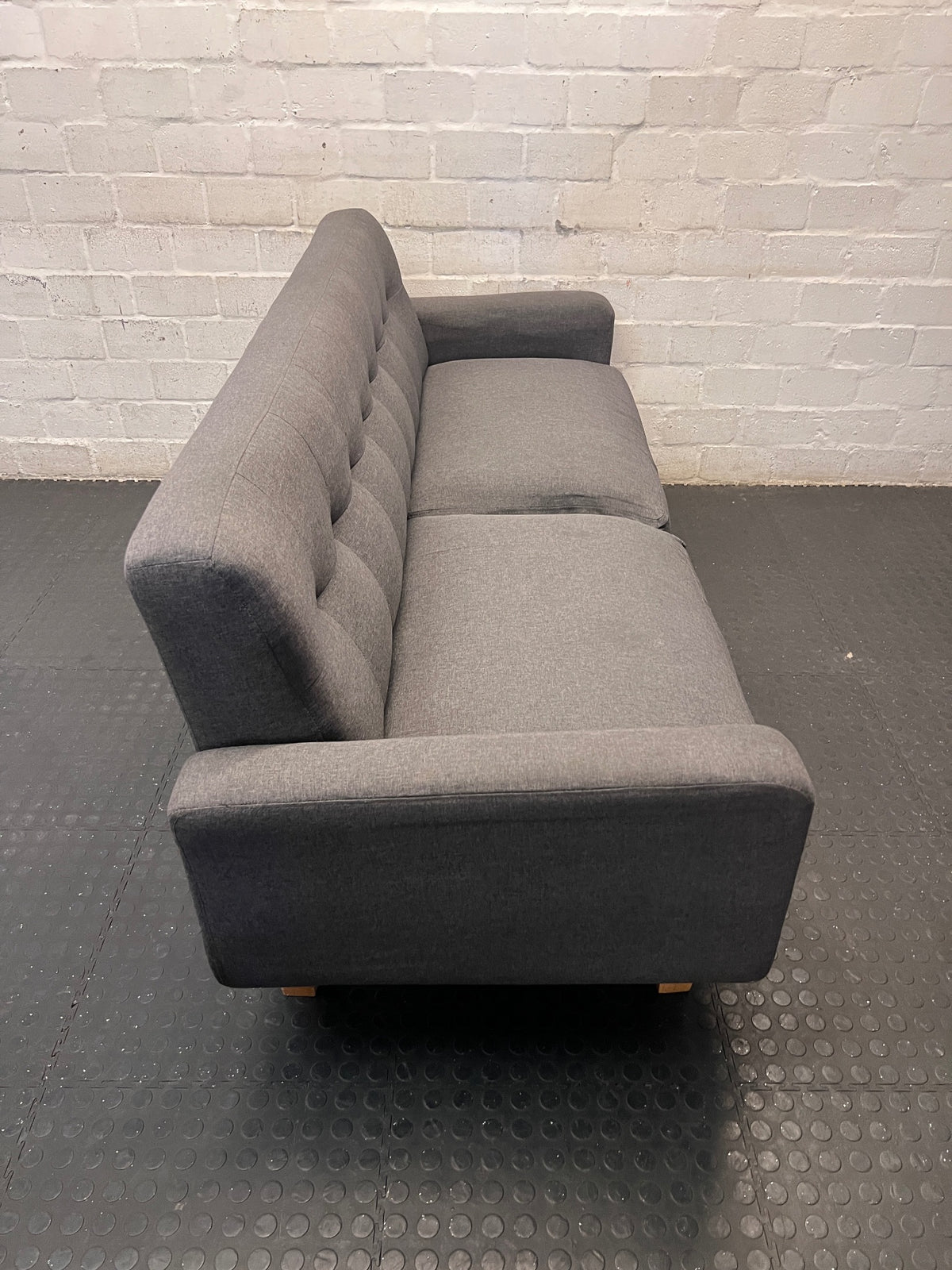 Grey Fabric 2 Seater Couch with Button Tufted Backrest – condition detail