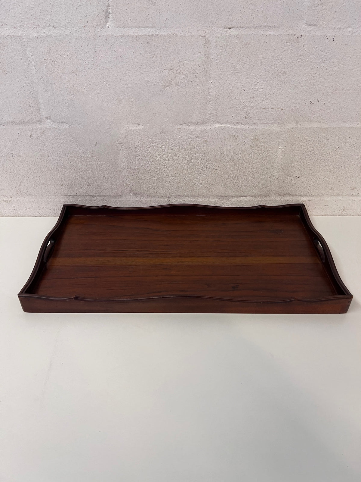 Scalloped Edge Dark Wood Serving Tray with Handles – condition detail