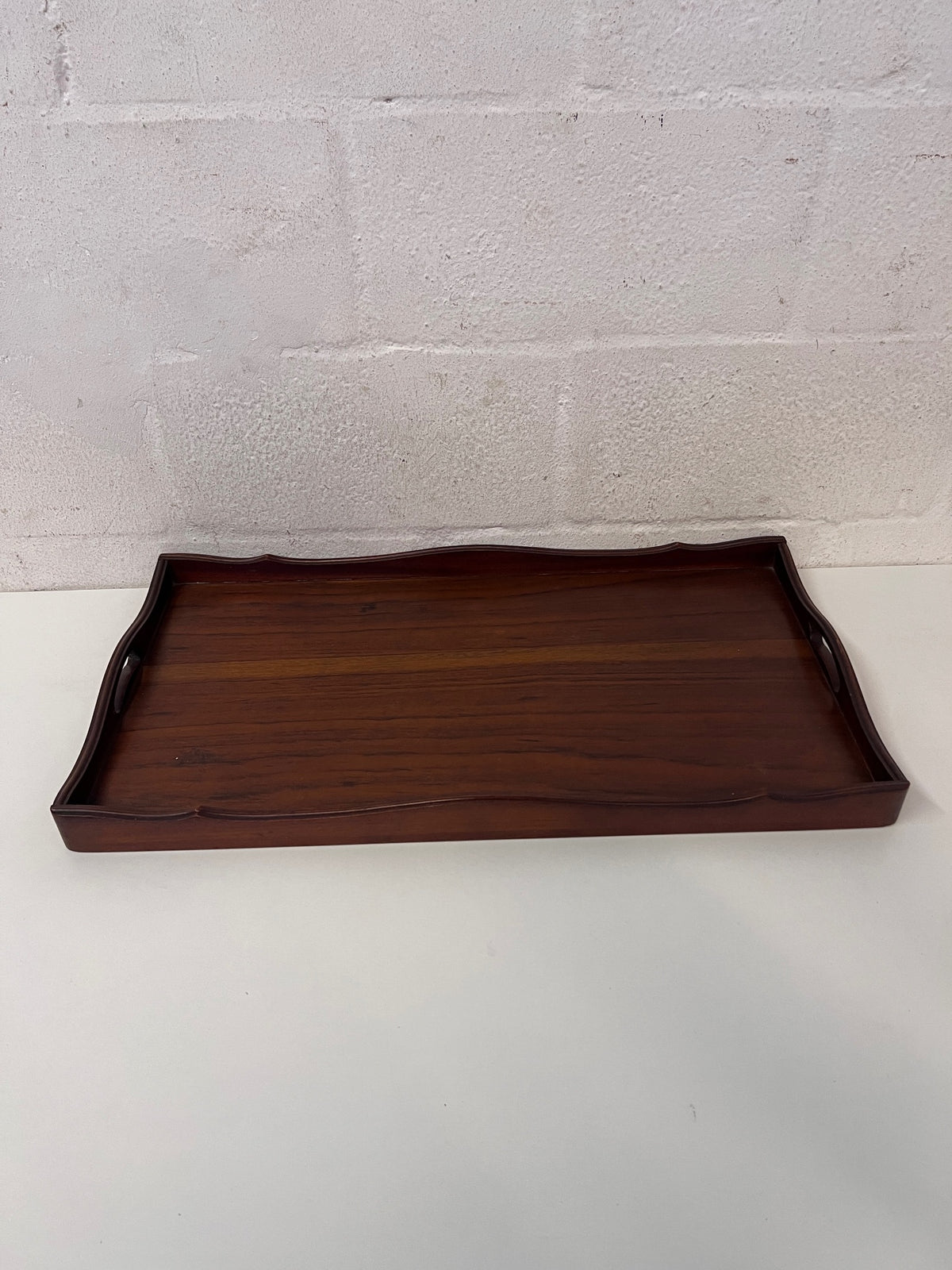 Scalloped Edge Dark Wood Serving Tray with Handles – main front view