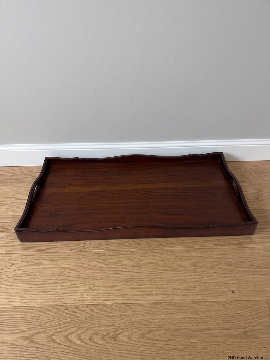Scalloped Edge Dark Wood Serving Tray with Handles – styled product image
