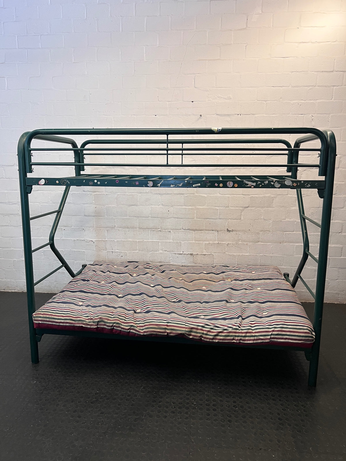 Green Metal Bunk Bed with Striped Futon Cushion – back view