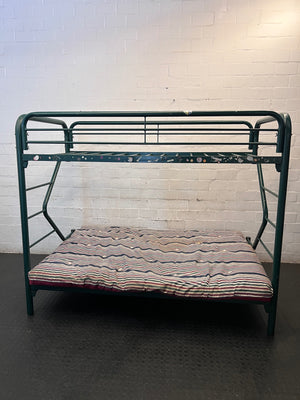 Green Metal Bunk Bed with Striped Futon Cushion – back view