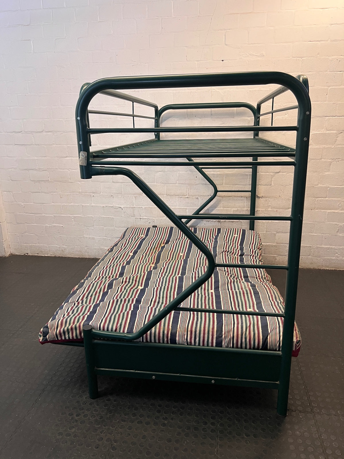 Green Metal Bunk Bed with Striped Futon Cushion – condition detail