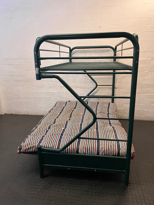Green Metal Bunk Bed with Striped Futon Cushion – condition detail