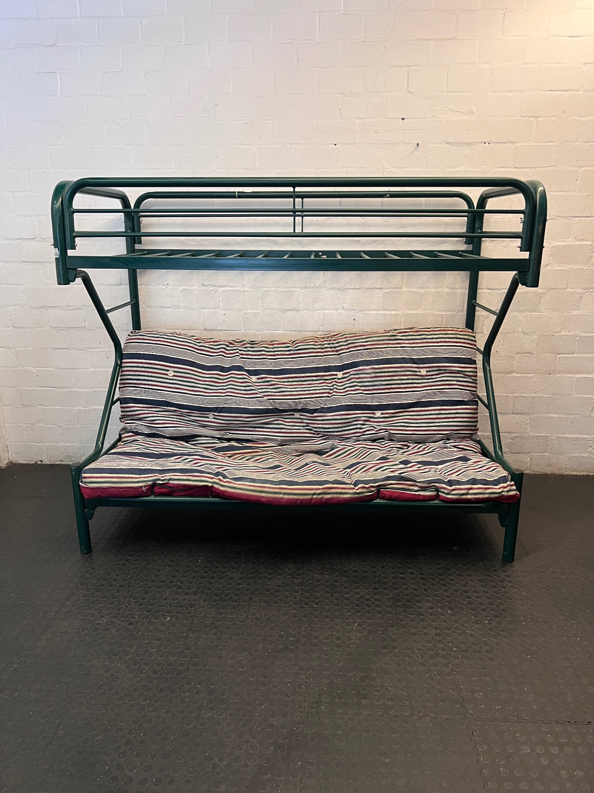 Green Metal Bunk Bed with Striped Futon Cushion – main front view