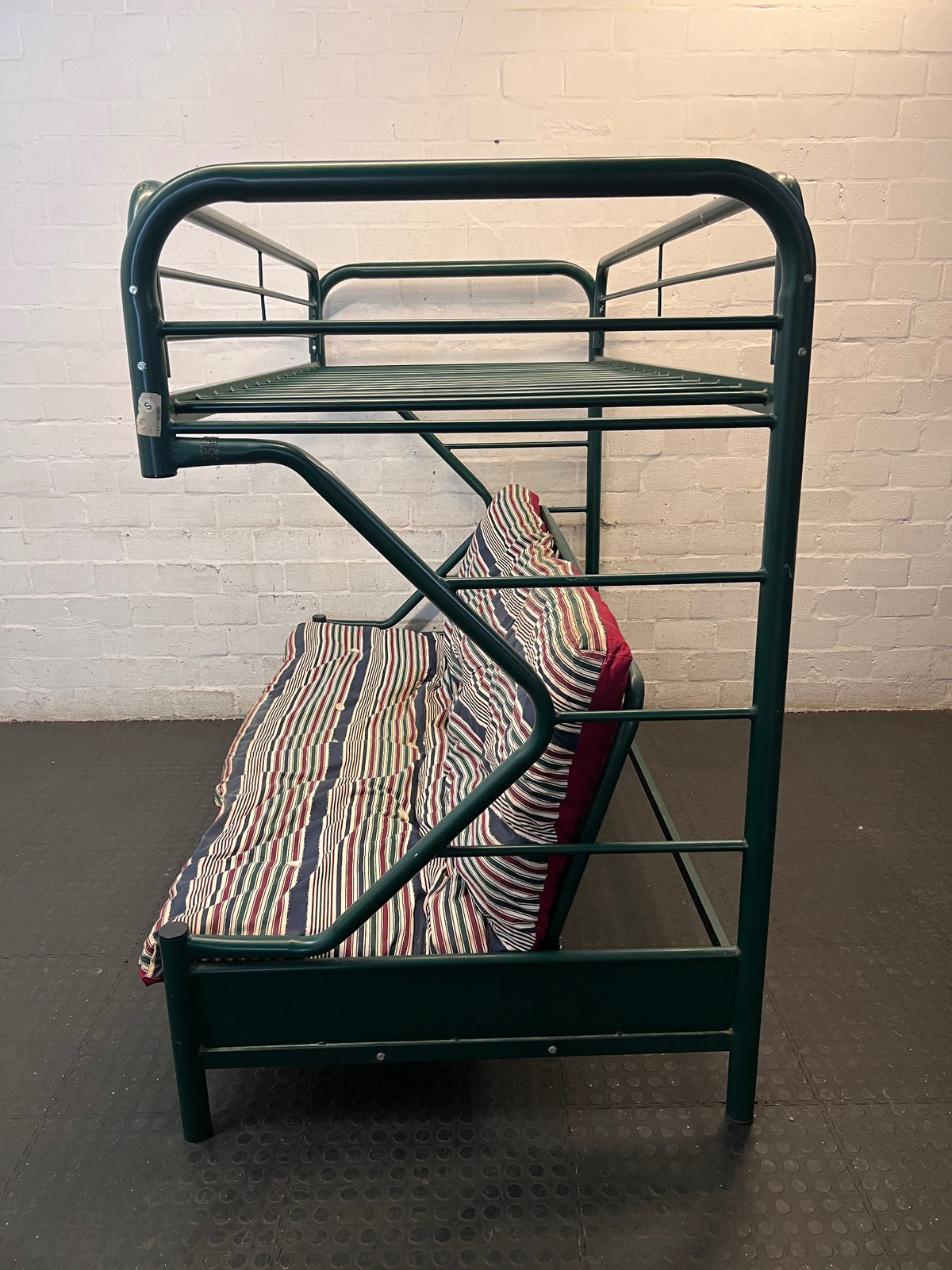 Green Metal Bunk Bed with Striped Futon Cushion – side view