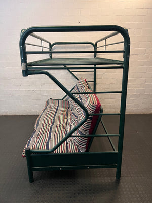 Green Metal Bunk Bed with Striped Futon Cushion – side view