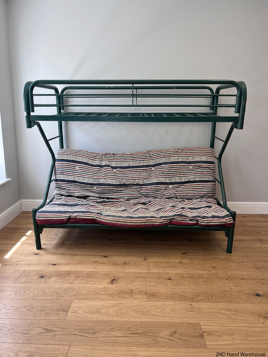 Green Metal Bunk Bed with Striped Futon Cushion – styled product image