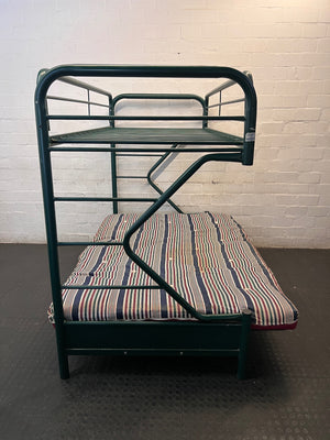 Green Metal Bunk Bed with Striped Futon Cushion – top view