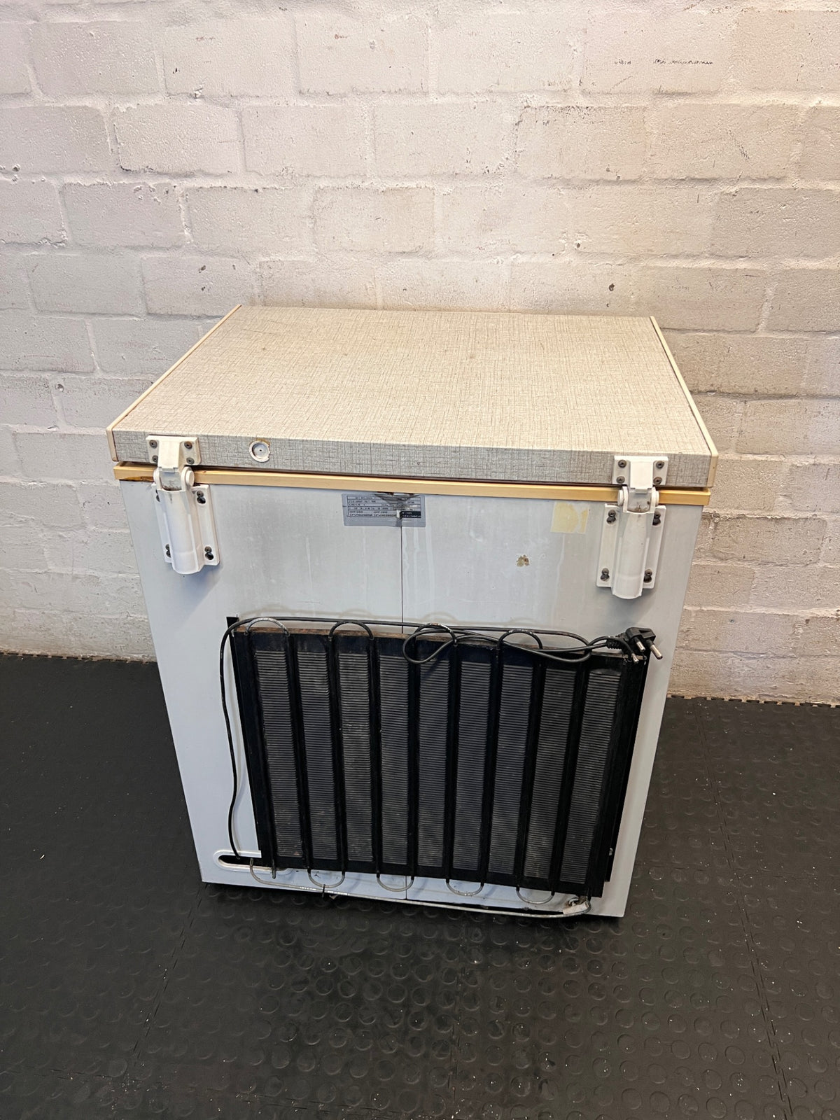 Defy Concept White Chest Freezer with Textured Lid — Good Working Order – back view