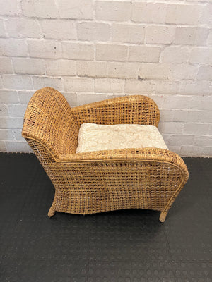 Wicker Armchair with Patterned Cushion – back view