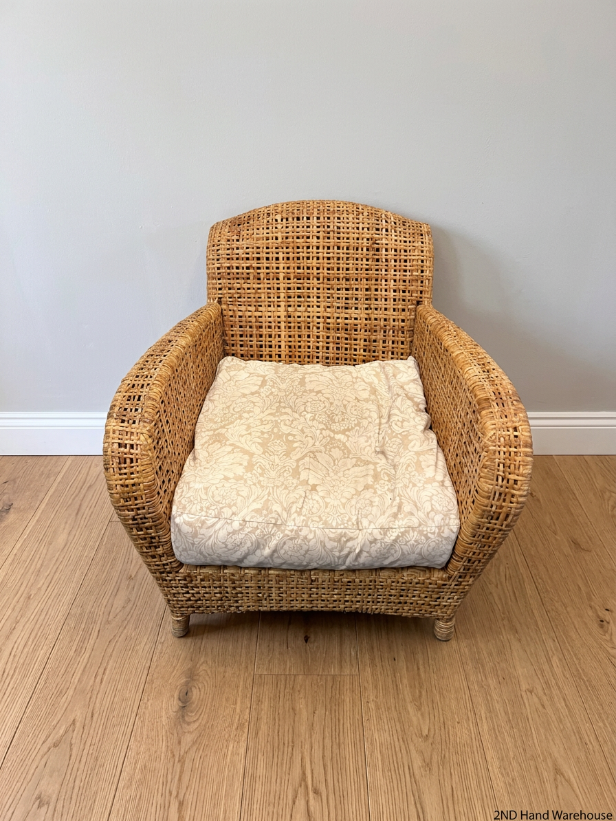 Wicker Armchair with Patterned Cushion – styled product image
