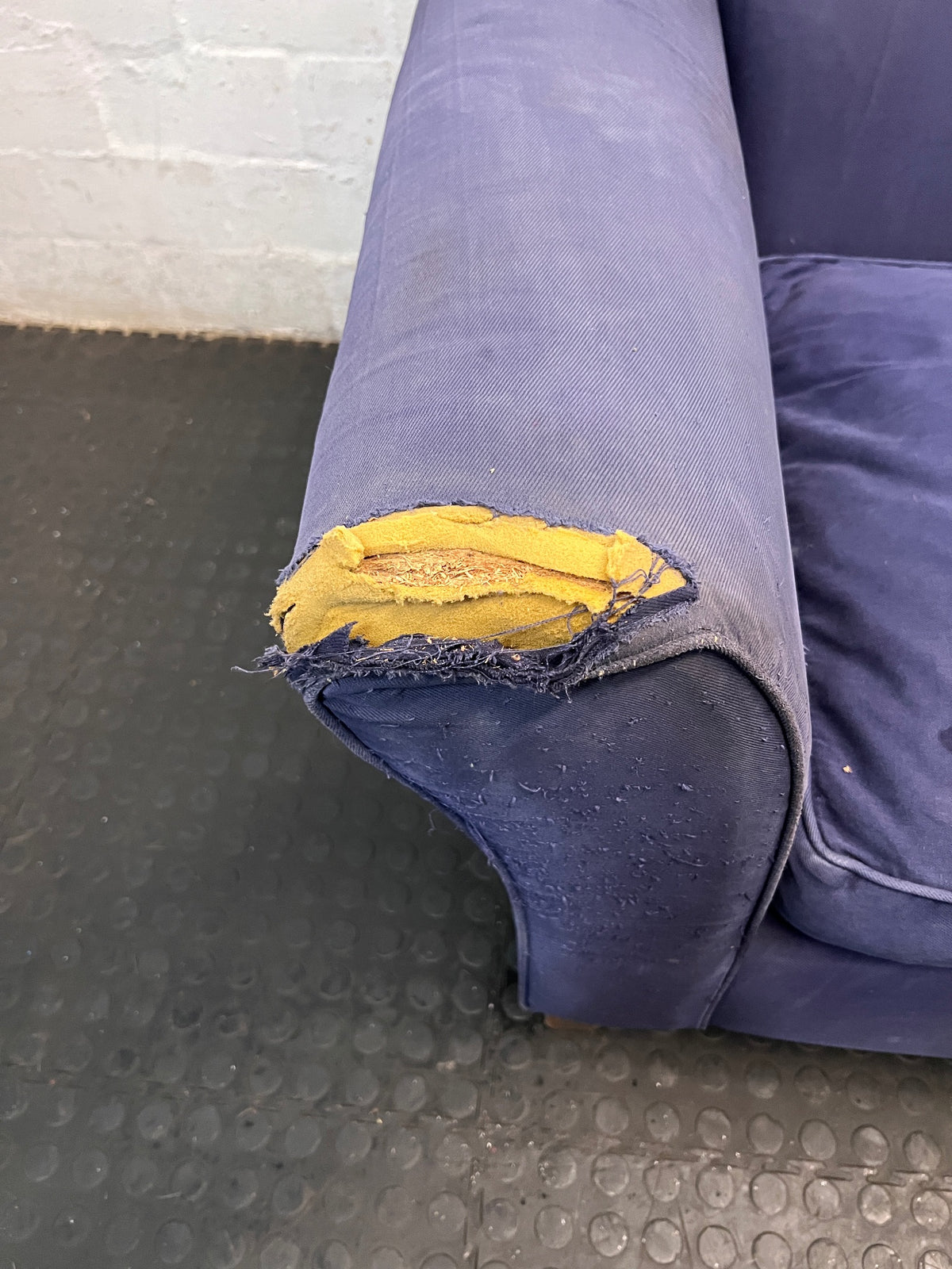 Navy Blue Fabric 2 Seater Couch with Timber Feet – back view