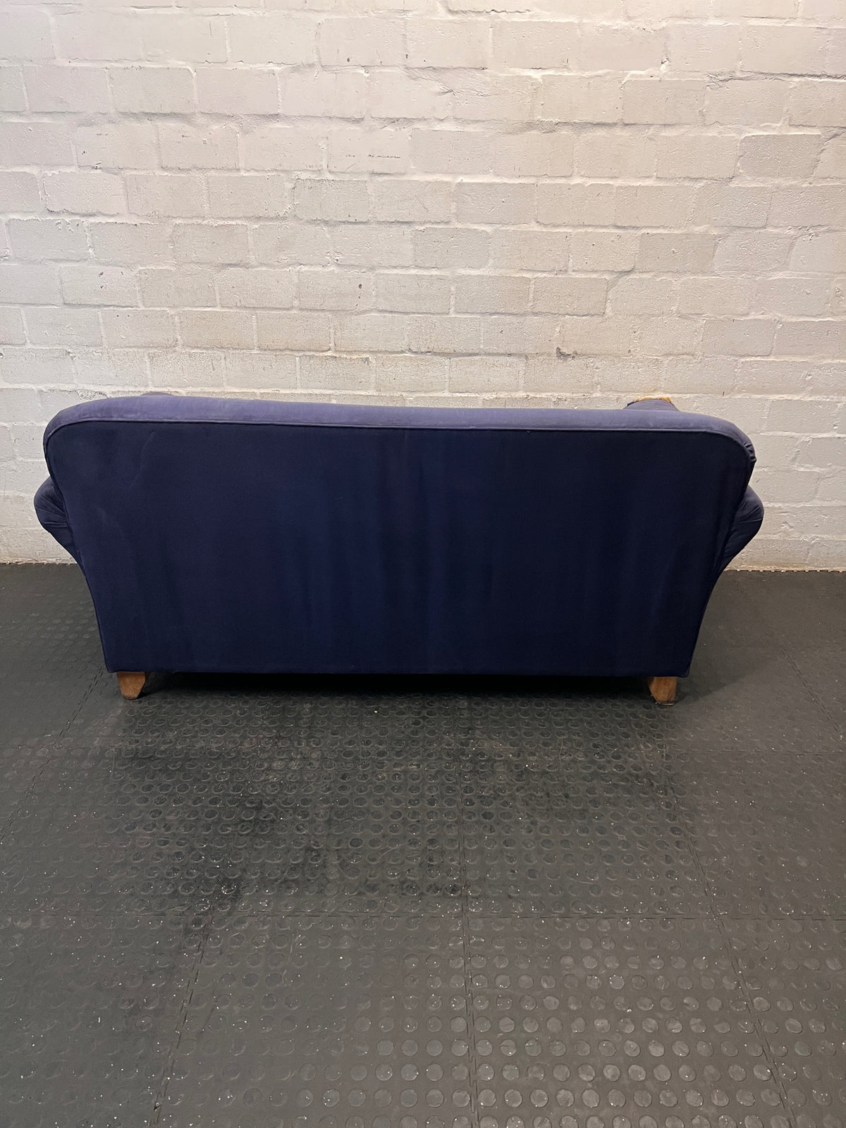 Navy Blue Fabric 2 Seater Couch with Timber Feet – condition detail