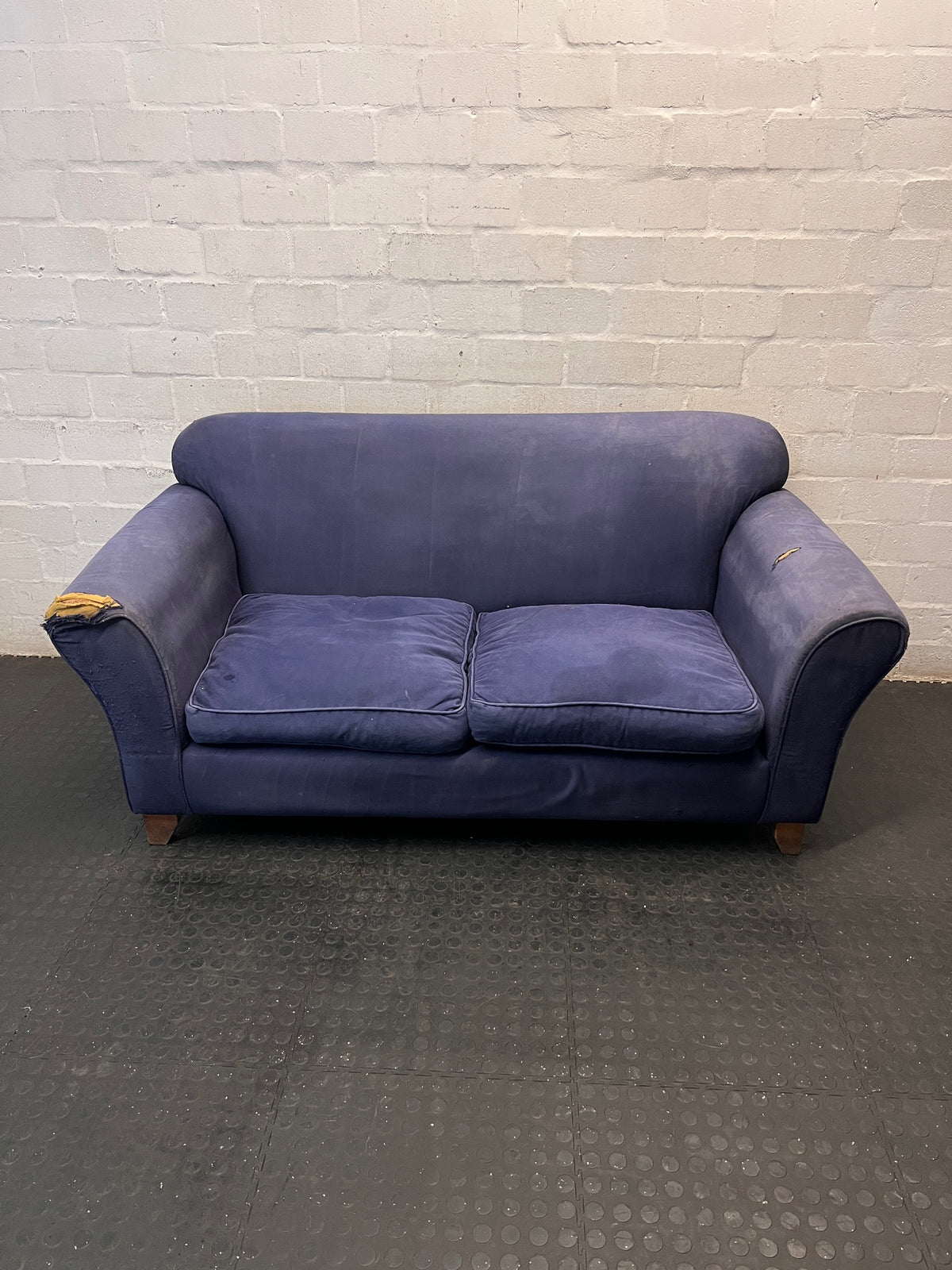 Navy Blue Fabric 2 Seater Couch with Timber Feet – main front view