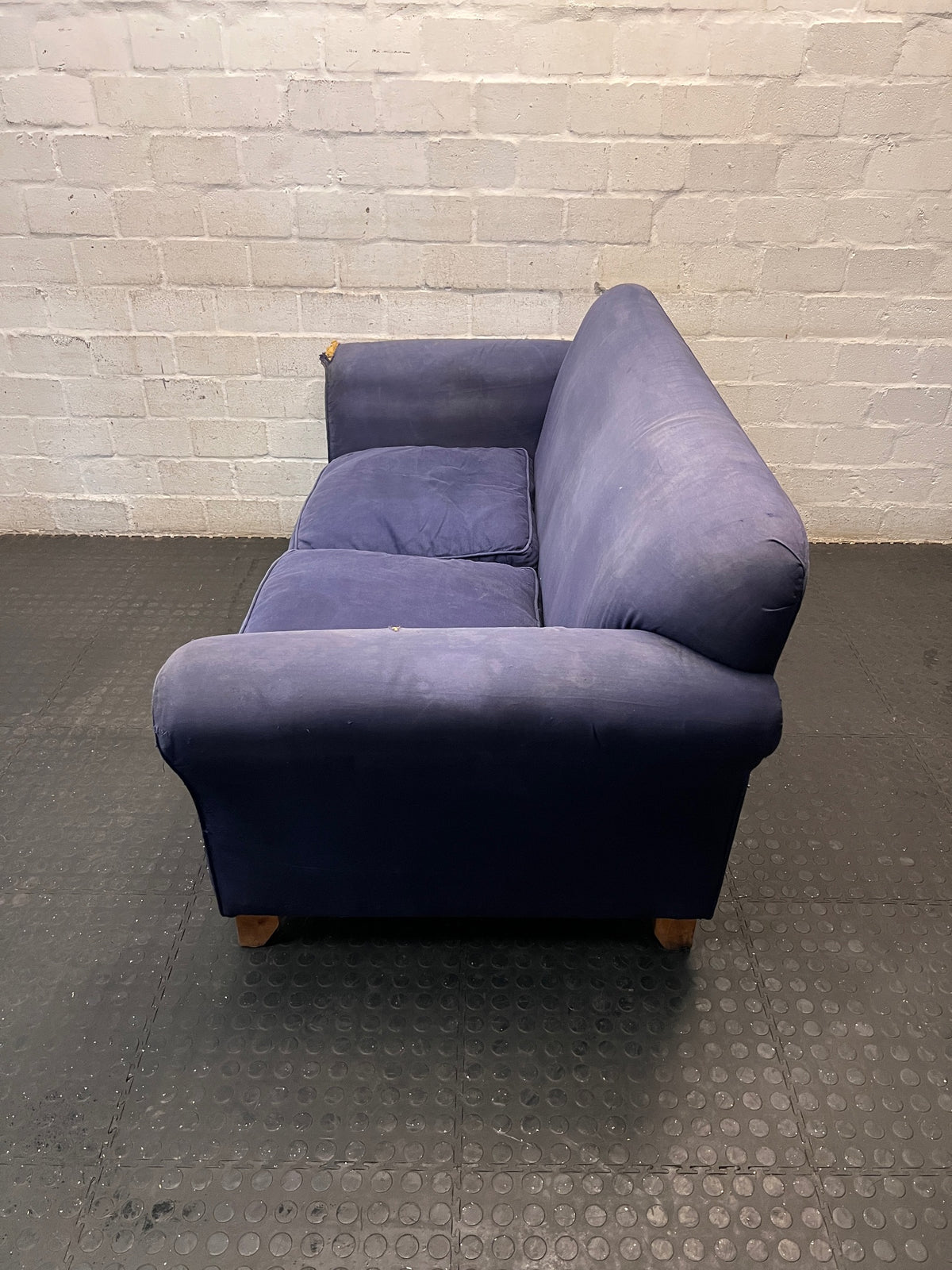 Navy Blue Fabric 2 Seater Couch with Timber Feet – side view