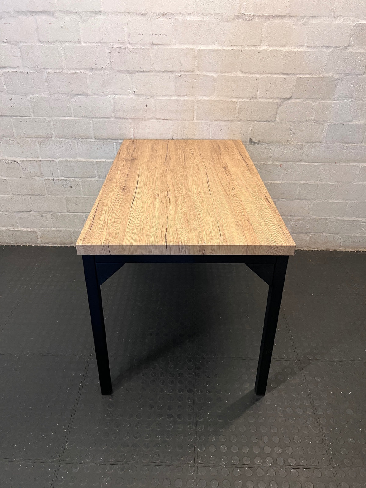 Russells Oak Finish Table with Black Metal Frame – side view