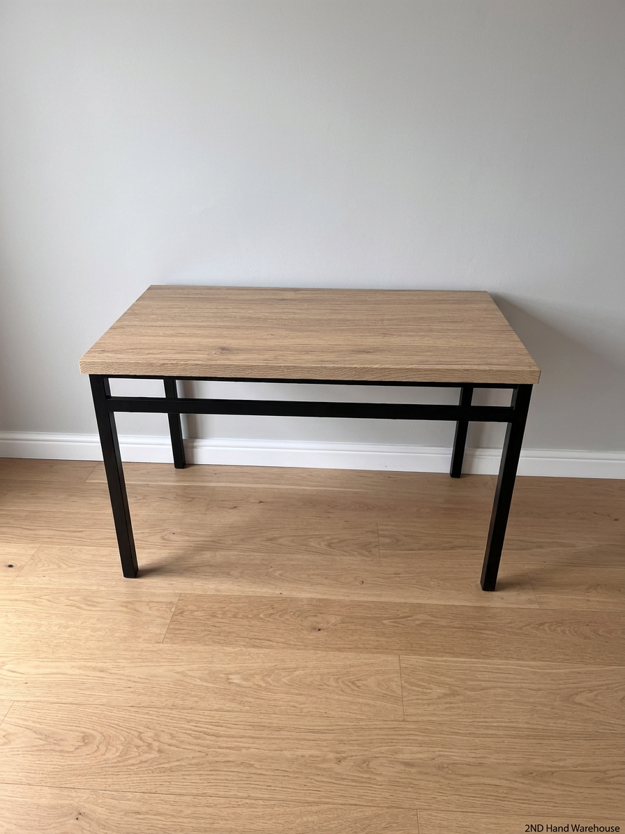 Russells Oak Finish Table with Black Metal Frame – styled product image
