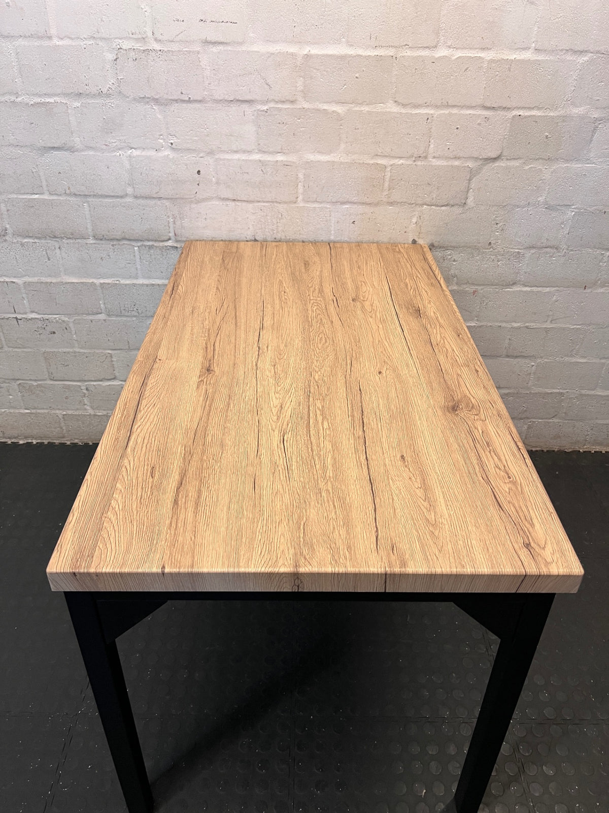Russells Oak Finish Table with Black Metal Frame – top view